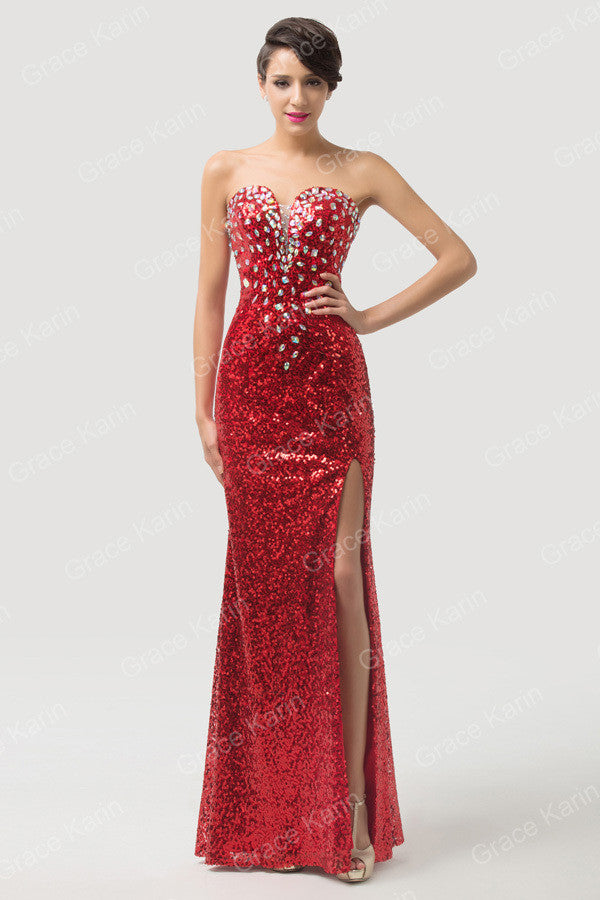 New! Grace Karin Strapless Split Party Gowns Crystal Sequins Formal Evening Dress
