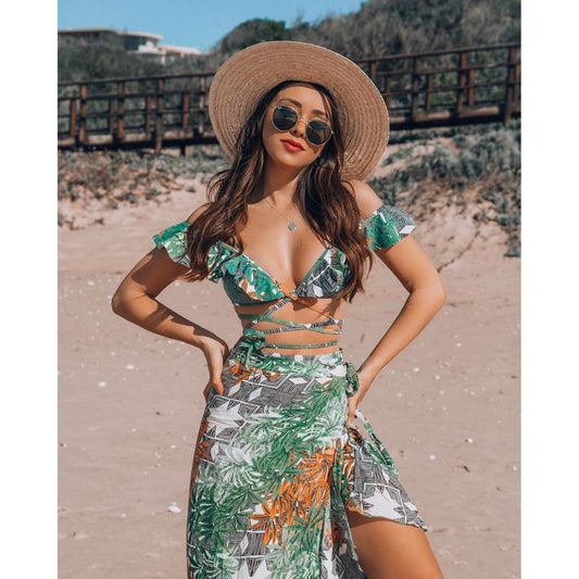 2019 New Bikini Beach Skirt Tunics for Beach Long Leaves Print Bikini Cover up