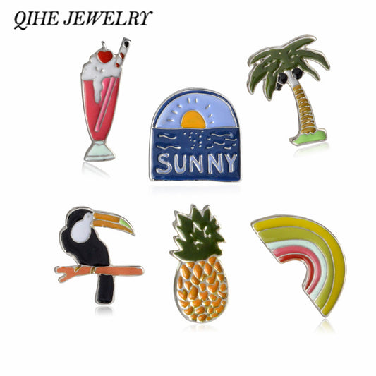 QIHE JEWELRY Birds Pineapple Coconut Ice Cream Rainbow Sea Sunrise Enamel Pins - Shopy Max