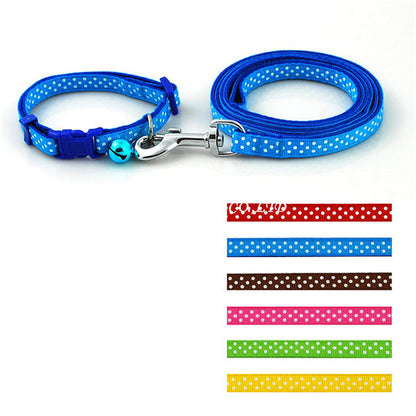 Dot Printed Nylon Pet Dog Necklace Pet Dog Collar and Leash Lead Set with Bell - Shopy Max