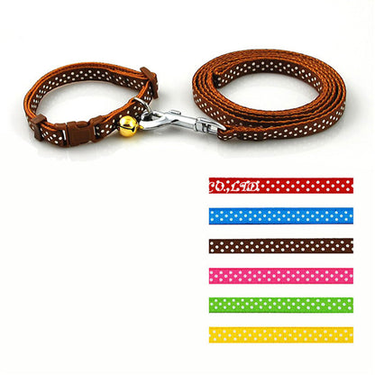 Dot Printed Nylon Pet Dog Necklace Pet Dog Collar and Leash Lead Set with Bell - Shopy Max