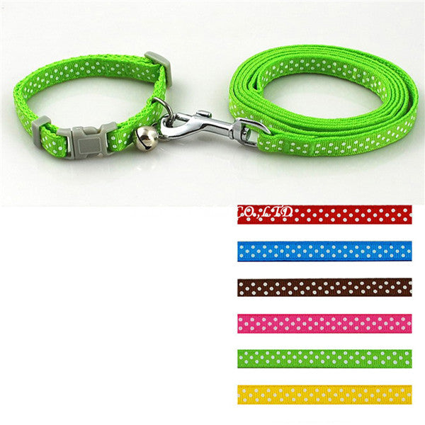 Dot Printed Nylon Pet Dog Necklace Pet Dog Collar and Leash Lead Set with Bell - Shopy Max