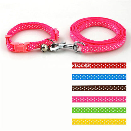 Dot Printed Nylon Pet Dog Necklace Pet Dog Collar and Leash Lead Set with Bell - Shopy Max