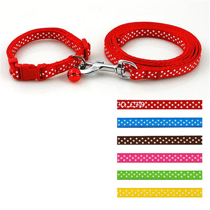 Dot Printed Nylon Pet Dog Necklace Pet Dog Collar and Leash Lead Set with Bell - Shopy Max