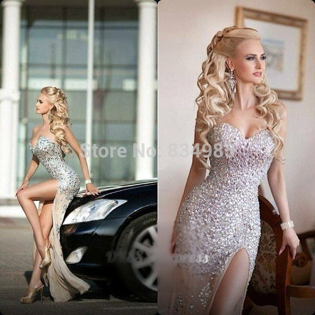 Luxuriant Champagne Sweetheart Sparkle Crystal Rhinestone Long Split Ball Evening - Shopy Max