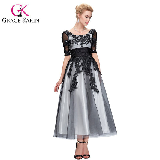 Grace Karin Elegant Long Lace Evening Dresses 2016 Half Sleeve Black White Champagne - Shopy Max