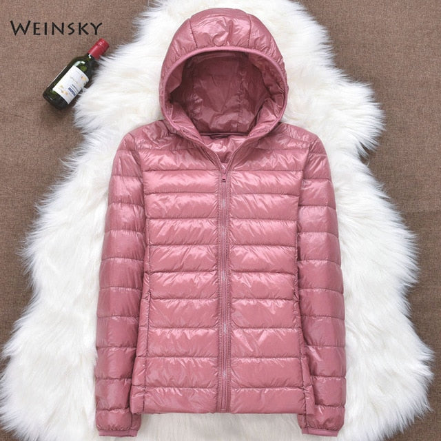 Winter Women Ultralight Thin Down Jacket White Duck Down Hooded Jackets Long Sleeve Warm