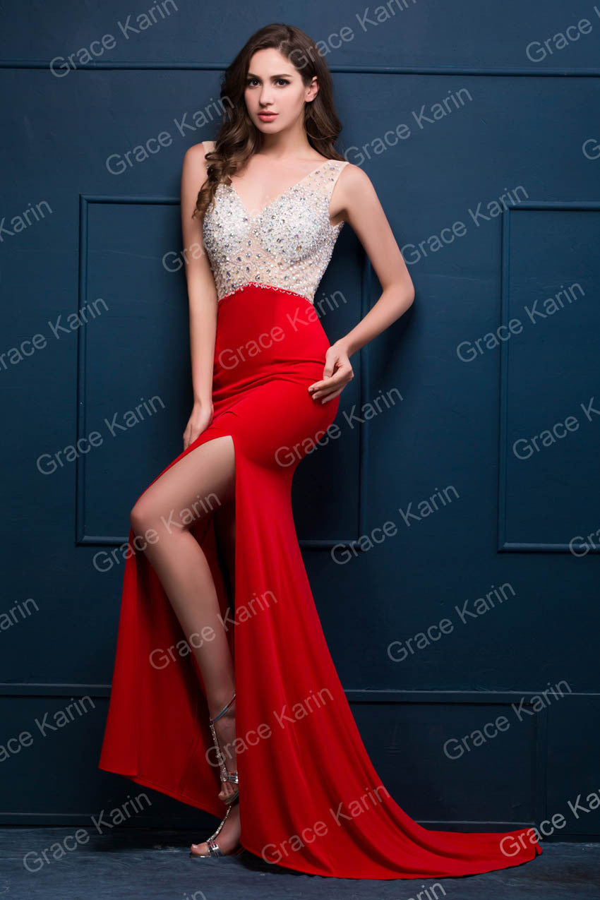 2016 New Design Grace Karin High Slit Sparkly Mermaid Evening Dresses Backless