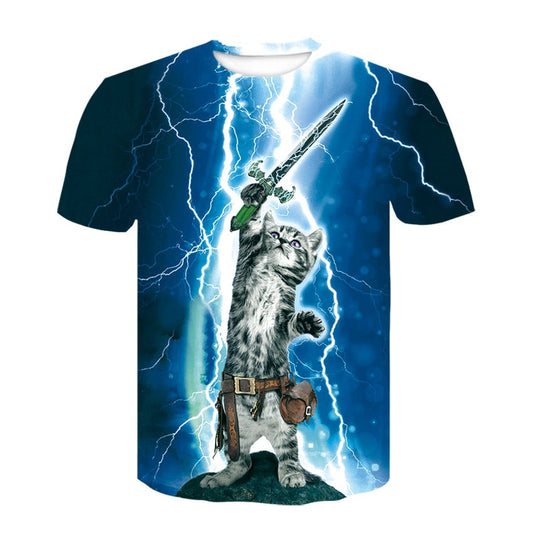 Men's casual short-sleeved T-shirt with 3D animal and kitten pattern, and high