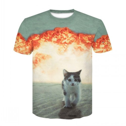 Men's casual short-sleeved T-shirt with 3D animal and kitten pattern, and high