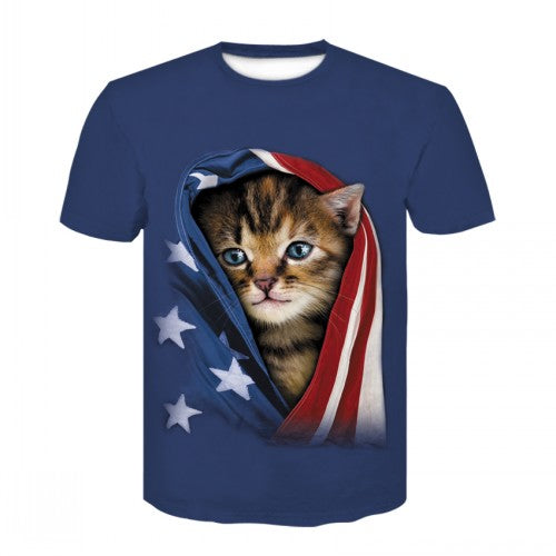 Men's casual short-sleeved T-shirt with 3D animal and kitten pattern, and high