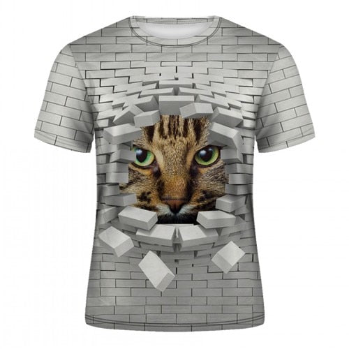 Men's casual short-sleeved T-shirt with 3D animal and kitten pattern, and high