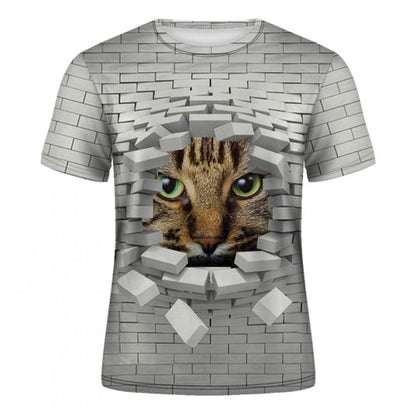 Men's casual short-sleeved T-shirt with 3D animal and kitten pattern, and high
