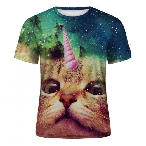 Men's casual short-sleeved T-shirt with 3D animal and kitten pattern, and high