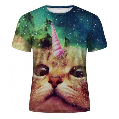 Men's casual short-sleeved T-shirt with 3D animal and kitten pattern, and high