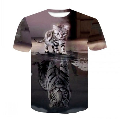 Men's casual short-sleeved T-shirt with 3D animal and kitten pattern, and high