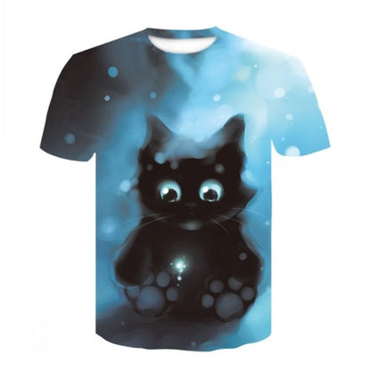 Men's casual short-sleeved T-shirt with 3D animal and kitten pattern, and high