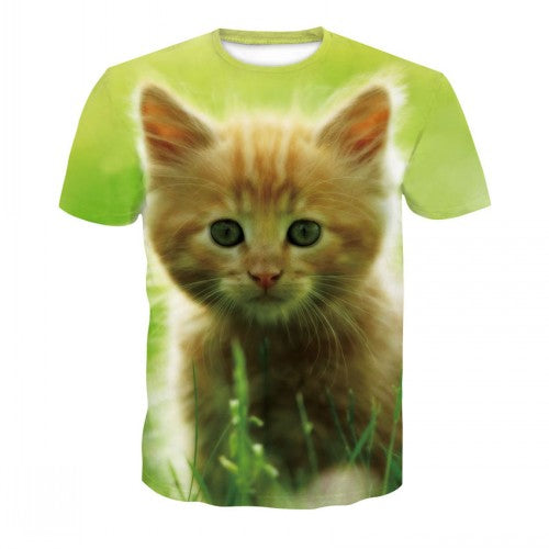 Men's casual short-sleeved T-shirt with 3D animal and kitten pattern, and high