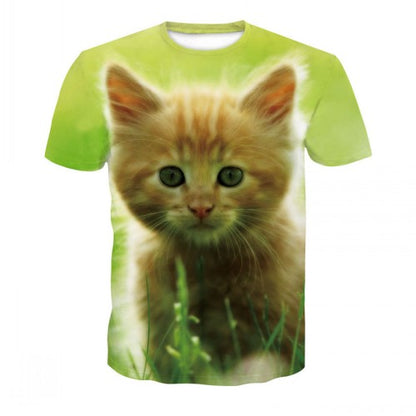 Men's casual short-sleeved T-shirt with 3D animal and kitten pattern, and high