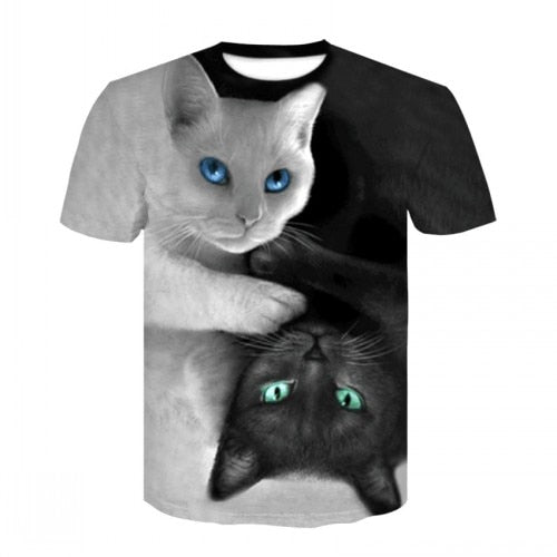 Men's casual short-sleeved T-shirt with 3D animal and kitten pattern, and high