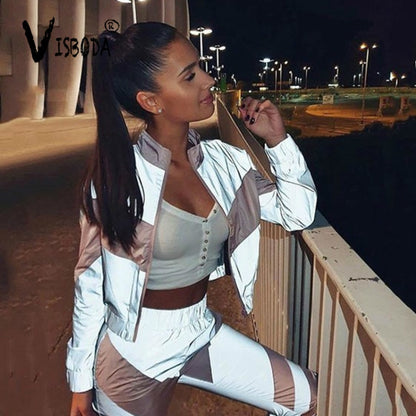 Women Tracksuits 2 Piece Set Reflective Zip Crop Top Pants Windbreaker Fashion
