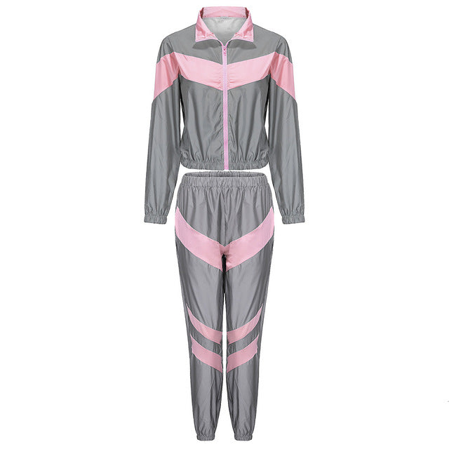 Women Tracksuits 2 Piece Set Reflective Zip Crop Top Pants Windbreaker Fashion