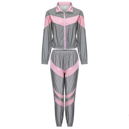 Women Tracksuits 2 Piece Set Reflective Zip Crop Top Pants Windbreaker Fashion