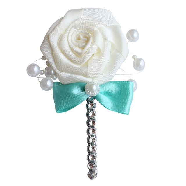 European Wedding Flowers Groom Groomsmen Boutonniere Wedding Prom Men Suit Lapel Pin Silk Ribbon Ceremony Flower Brooch X8715