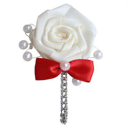 European Wedding Flowers Groom Groomsmen Boutonniere Wedding Prom Men Suit Lapel Pin Silk Ribbon Ceremony Flower Brooch X8715
