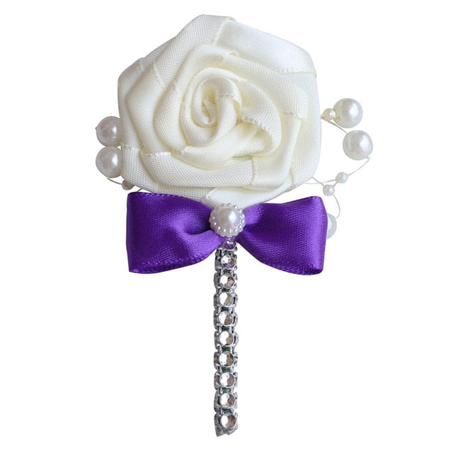 European Wedding Flowers Groom Groomsmen Boutonniere Wedding Prom Men Suit Lapel Pin Silk Ribbon Ceremony Flower Brooch X8715