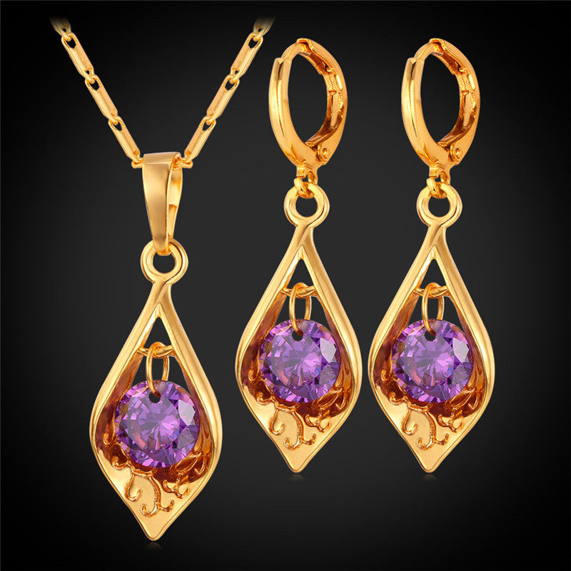 U7 Luxury Cubic Zirconia Jewelry Set Gold Plated Purple Crystal Jewelry