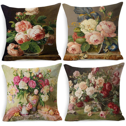 Vintage Style Oil Painting Flowers Printed Cushion Cover