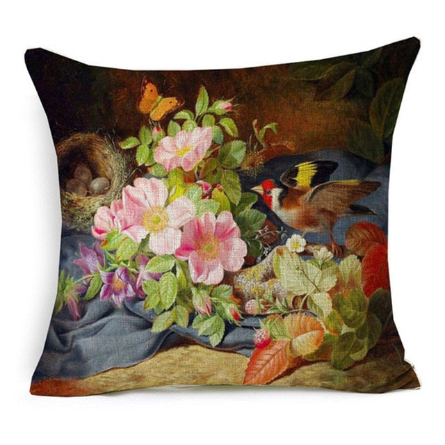 Vintage Style Oil Painting Flowers Printed Cushion Cover