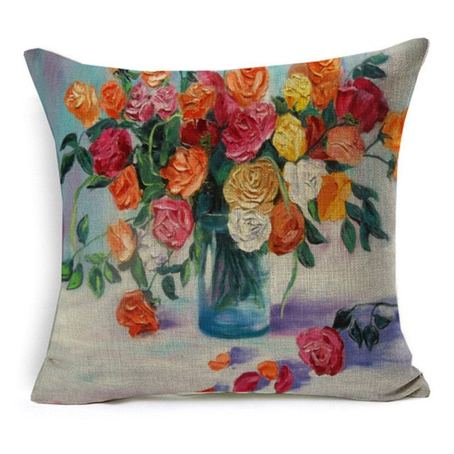 Vintage Style Oil Painting Flowers Printed Cushion Cover