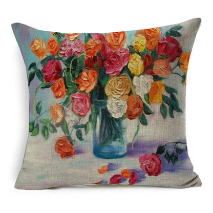 Vintage Style Oil Painting Flowers Printed Cushion Cover