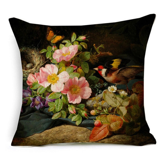 Vintage Style Oil Painting Flowers Printed Cushion Cover