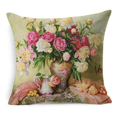 Vintage Style Oil Painting Flowers Printed Cushion Cover