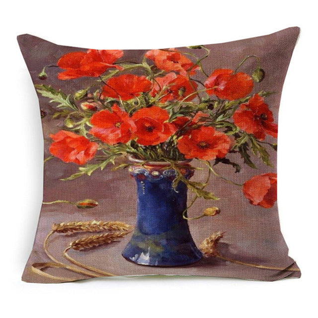 Vintage Style Oil Painting Flowers Printed Cushion Cover