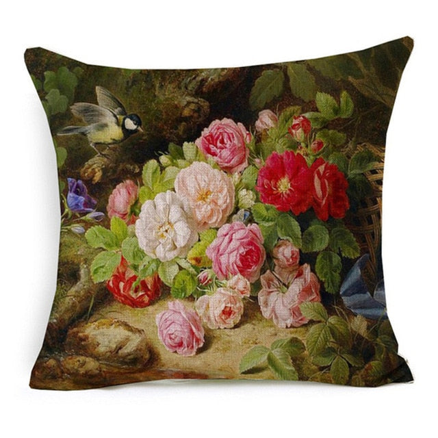 Vintage Style Oil Painting Flowers Printed Cushion Cover