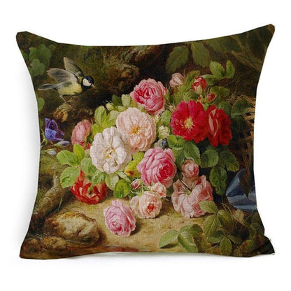 Vintage Style Oil Painting Flowers Printed Cushion Cover