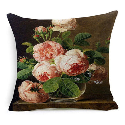 Vintage Style Oil Painting Flowers Printed Cushion Cover