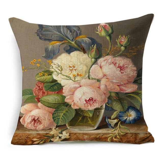 Vintage Style Oil Painting Flowers Printed Cushion Cover