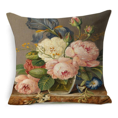 Vintage Style Oil Painting Flowers Printed Cushion Cover
