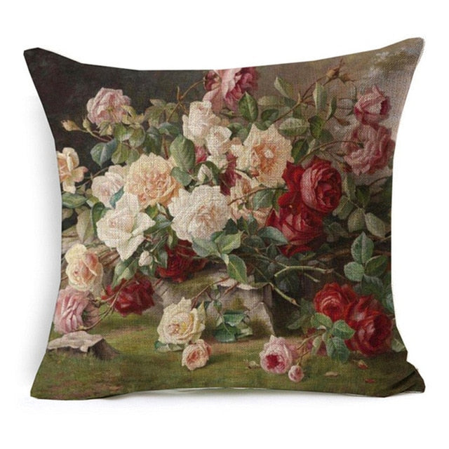 Vintage Style Oil Painting Flowers Printed Cushion Cover