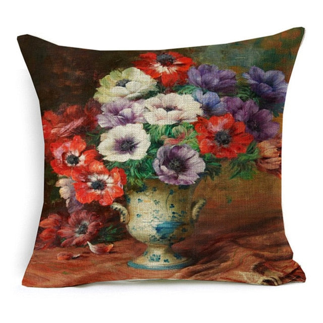 Vintage Style Oil Painting Flowers Printed Cushion Cover
