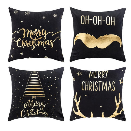 Merry Christmas Pattern Cushion Cover Black Tipping Gold Foil Printing
