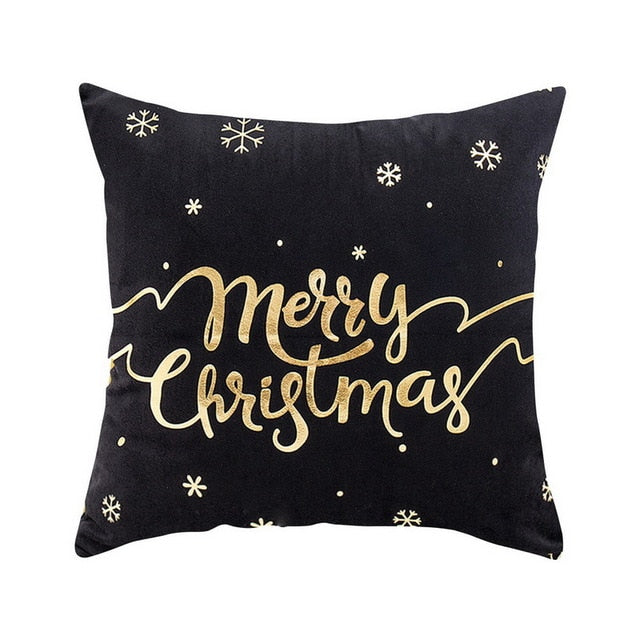 Merry Christmas Pattern Cushion Cover Black Tipping Gold Foil Printing