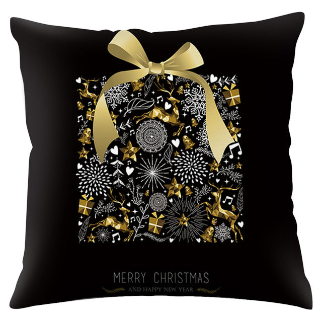 Merry Christmas Pattern Cushion Cover Black Tipping Gold Foil Printing