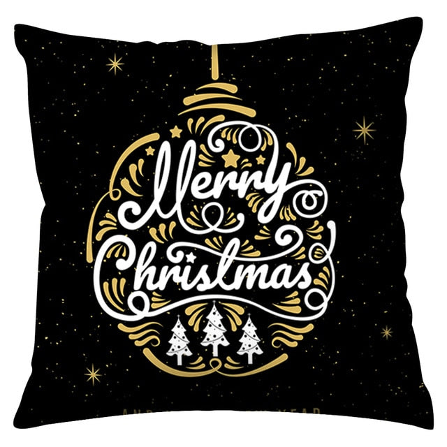 Merry Christmas Pattern Cushion Cover Black Tipping Gold Foil Printing