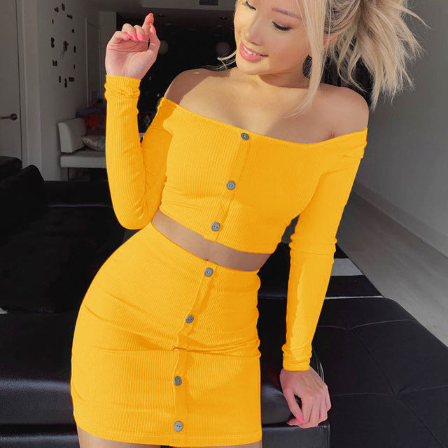 2019 Sexy Off Shoulder Two Piece Set Solid Button Bodycon 2 Piece Set W